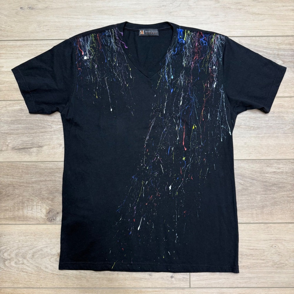 Marcello Sport Mens Black V Neck T‎ Shirt Paint Splatter Graphic Tee